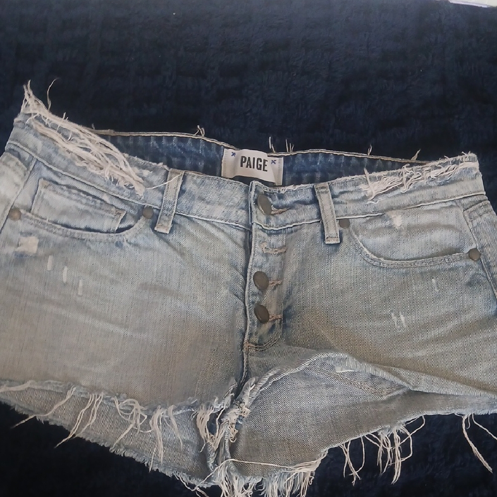 PAIGE Frayed Light Blue Button-Front Denim Shorts